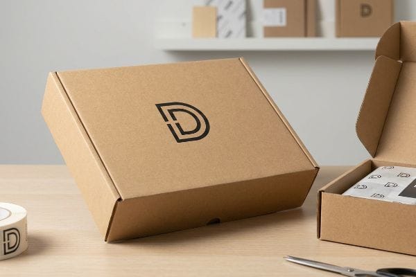 Packaging setup with custom corrugated mailer boxes, featuring a black D logo on the closed box, branded tissue paper, and matching logo tape.