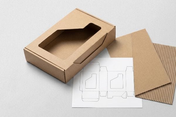 Components for a custom die-cut box, including an empty brown window box, its dieline template, and corrugated cardboard.