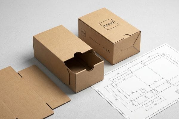 Showcasing custom brown cardboard dispenser boxes, one open with an empty drawer, featuring a 'Brand Company' logo, alongside a technical blueprint for precise packaging dimensions.