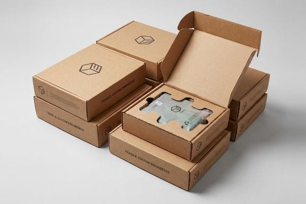 Custom Engineered Packaging Boxes An open brown corrugated e-commerce box with a custom-cut product-retention insert, surrounded by stacked 'Fragile: Custom Engineered' mailers.