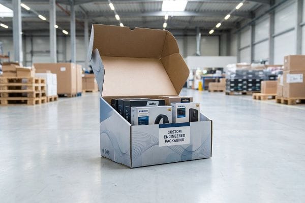 An open custom engineered packaging display box, featuring Philips products, stands on a warehouse floor.