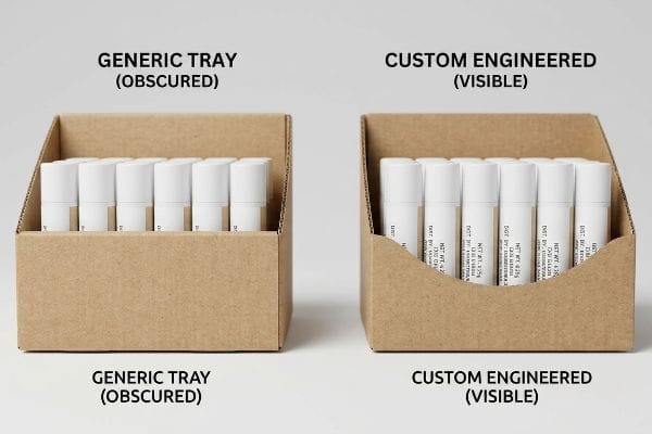 Two kraft cardboard display trays, one labeled "Generic Tray (Obscured)" hiding lip balm net weight, and another "Custom Engineered (Visible)" with a die-cut swoop exposing compliance text.
