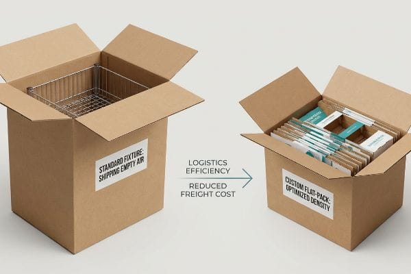 Flat-Pack Logistics Efficiency Open cardboard boxes illustrate shipping: a Standard Fixture Shipping Empty Air versus Custom Flat-Pack Optimized Density, highlighting Logistics Efficiency and Reduced Freight Cost.