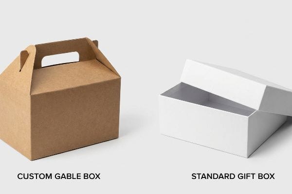 Brown Custom Gable Box with a handle and an open white Standard Gift Box, illustrating packaging differences.