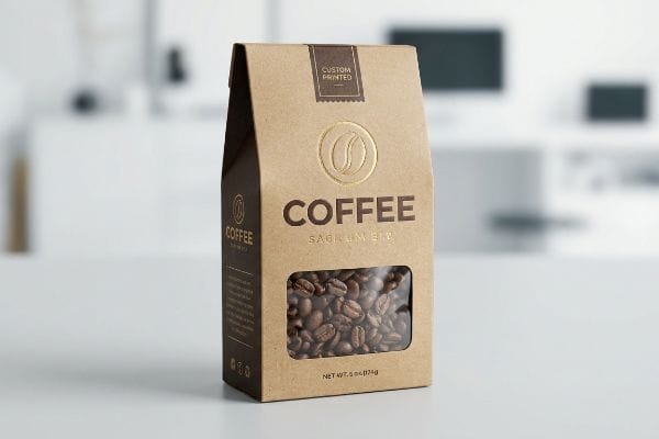 Custom Kraft Coffee Box A custom printed kraft coffee box with gold foil coffee bean logo and window displays roasted beans, labeled 'Coffee Sagnum Ely'.
