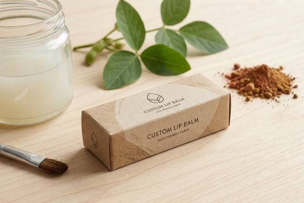 Eco-Friendly Lip Balm Box Kraft paper custom lip balm box, labeled 'Custom Lip Balm Eco-Friendly Paper,' on wood, with a jar of liquid, brush, and plant with pods.