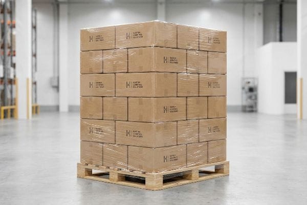 Palletized Custom Shipping Boxes Shrink-wrapped brown cardboard boxes, branded 'H Custom Logistics Solutions', stacked on a wooden pallet in a warehouse.