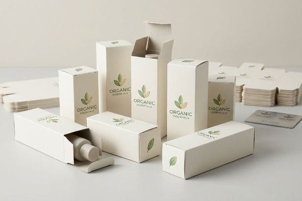 Organic Essentials Boxes A collection of light beige custom lotion boxes with "Organic Essentials" branding and a green leaf logo, including assembled boxes, flat templates, and a bottle.