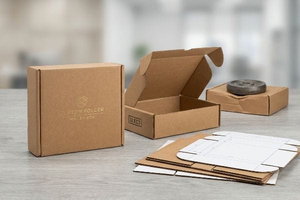 Braune Wellpapp-Versandkartons, einer verschlossen mit goldener Folienaufschrift „Custom Foller Mailer Box“, einer geöffnet mit der Aufschrift „32 ECT“, und flache Kartonstücke.