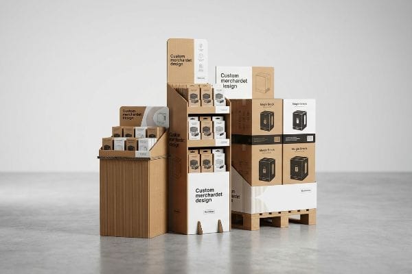 Custom Cardboard Displays Corrugated 'Custom Merchandet Design' retail displays: floor, counter units, 'Magic Brick' boxes on pallet.