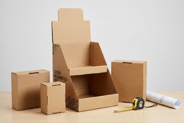 A custom cardboard merchandiser box with two shelves, accompanied by brown die-cut boxes, a measuring tape, and a rolled blueprint.
