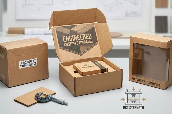 Kraft corrugated packaging, featuring an open box with "Engineered Custom Packaging", a "Procurement Trap - Low ECT" box, a "Presentation & Compliance" windowed box, a micrometer, and a "BCT Strength" diagram.