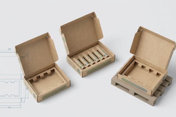 Three open custom kraft cardboard lip balm display boxes, one with blueprint dimensions, one holding six products, and another on a mini pallet.