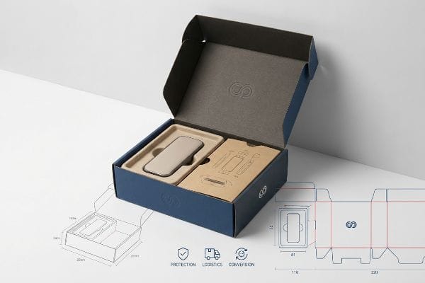 Blue 'S' logo box open, custom insert for device, kraft paper, blueprints. Shows Protection, Logistics, Conversion benefits.