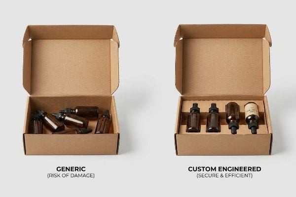 Sichere, kundenspezifische Verpackung Vergleich von Kartonverpackungen: Lose, generische, bernsteinfarbene Glastropfflaschen (Beschädigungsrisiko) vs. kundenspezifische Verpackung mit E-Wellen-Einlage (sicher und effizient).