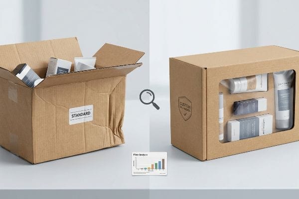 Brown cardboard boxes contrasting a 'Standard' loosely packed box with a 'Custom Proofed' box featuring a clear window and organized products, plus a 'Fiber Analysis' chart.