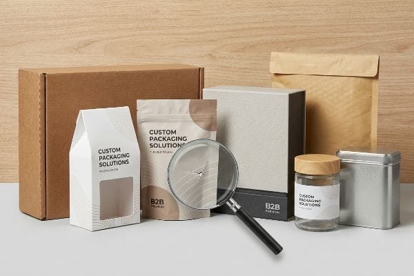 Solutions d'emballage personnalisées à la pointe Boîte en carton ondulé, étui pliant, sachet souple, boîte rigide, bocal en verre, boîte métallique et enveloppe matelassée, présentant des solutions d'emballage personnalisées et une loupe.