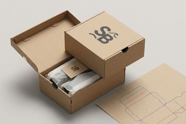 Two custom cardboard shoe boxes with SB logo, one open revealing tissue-wrapped items, next to a precise dieline.
