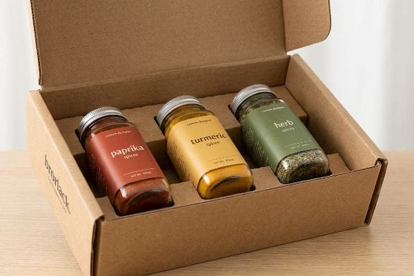 Three spice jars, Paprika, Turmeric, and Herb, are presented in a Brolack custom cardboard packaging box with dividers, showcasing custom designs.