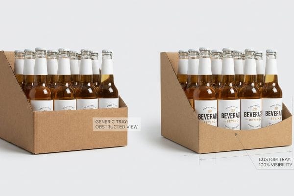 Tray Visibility Comparison Two corrugated trays with beverage bottles, one generic with obstructed labels, the other custom die-cut for 100% visibility.
