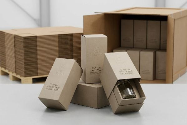 Custom wholesale packaging kraft boxes, one open with a glass jar, are ready for shipment alongside flat cartons and a large crate.