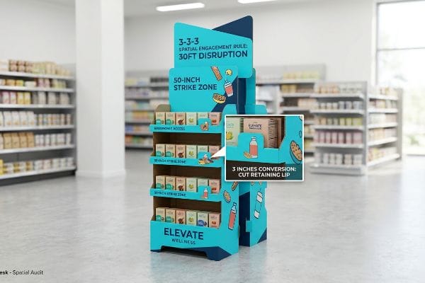 Elevate Wellness Display Elevate Wellness teal display, 3-3-3 Spatial Engagement Rule: 30ft Disruption, 50-Inch Strike Zone, 3 Inches Conversion.