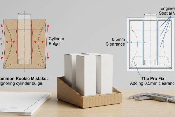 Packaging Cylinder Bulge Fix Detailed diagrams show Cylinder Bulge and The Pro Fix with 0.5mm Clearance for lip balm containers, next to white boxes in a retail tray and a caliper.