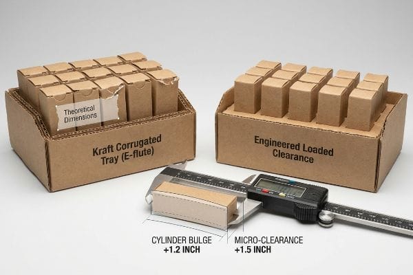 Packaging Clearance Comparison Kraft Corrugated Trays (E-flute) comparing Theoretical Dimensions to Engineered Loaded Clearance, with a caliper showing Cylinder Bulge +1.2 Inch and Micro-Clearance +1.5 Inch.