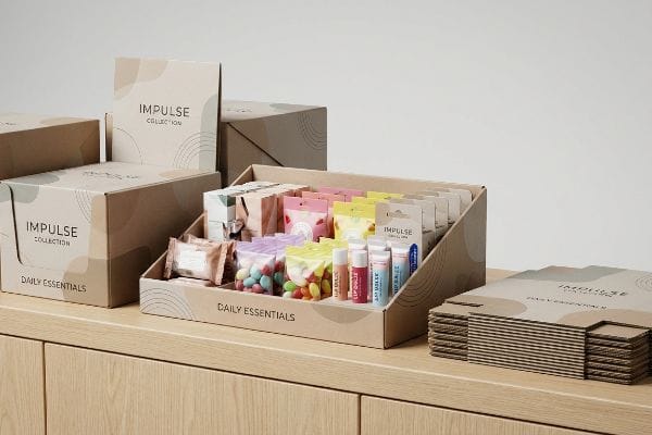 Displaying various Impulse Collection Daily Essentials cardboard counter display boxes with lip balms, confectioneries, and pouches, plus flat-packed units.