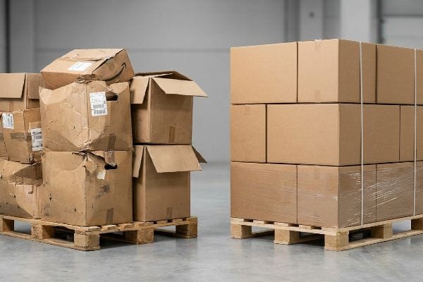 Damaged Shipping Boxes Damaged Amazon cardboard boxes on a wooden pallet next to new, shrink-wrapped shipping cartons.