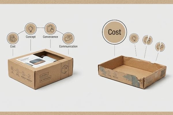 4 C's Packaging Impact Brown cardboard boxes compare packaging design: an intact box shows 'Cost, Concept, Convenience, Communication'; a damaged tray highlights 'Cost' and broken C's.