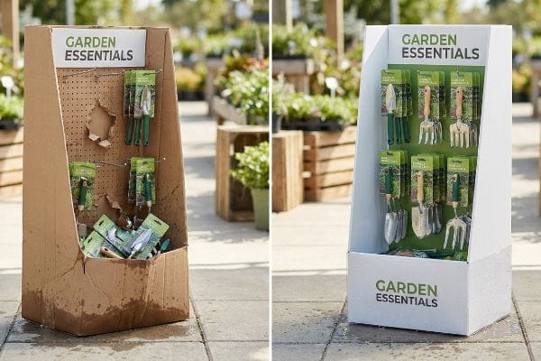 Outdoor Display Comparison Wet, collapsed cardboard Garden Essentials display with torn peg hooks, contrasted by a pristine white weather-proof stand.