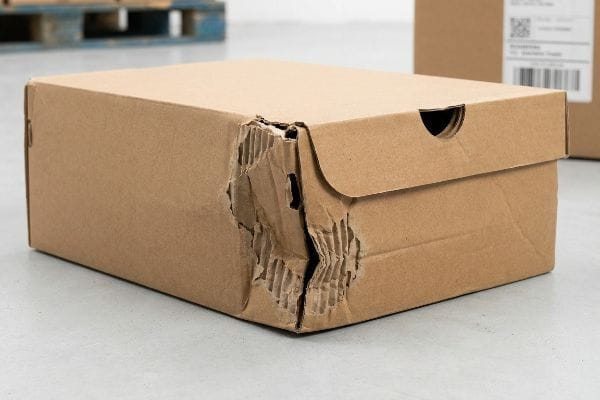 Brown corrugated box with a severely torn side panel, revealing crushed flutes and fiber fatigue from kinetic stress.