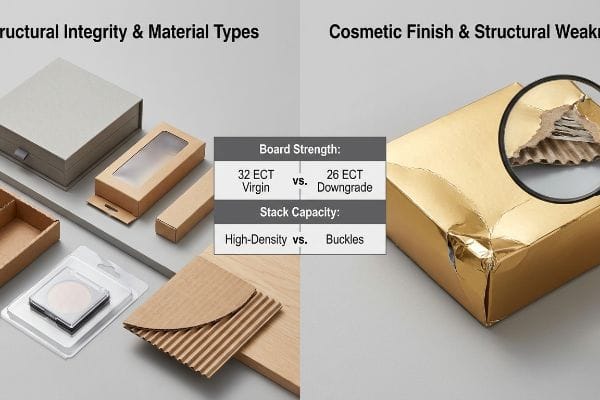 Packaging Strength Comparison Packaging comparison: 32 ECT Virgin structural integrity vs. 26 ECT Downgrade cosmetic weakness, damaged gold box.