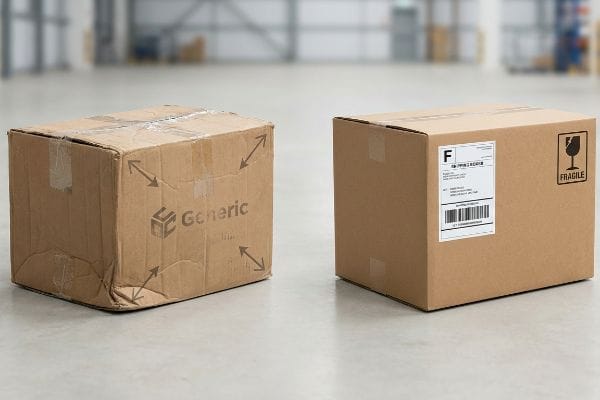 Damaged vs Fresh Box Damaged 'Generic' logo-stamped box next to a fresh corrugated shipping box with a label and 'Fragile' symbol.