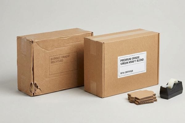 Recycled vs Virgin Kraft Damaged Budget Grade: Recycled corrugated box beside a pristine Premium Grade: Virgin Kraft Blend mailer, ISTA Certified.