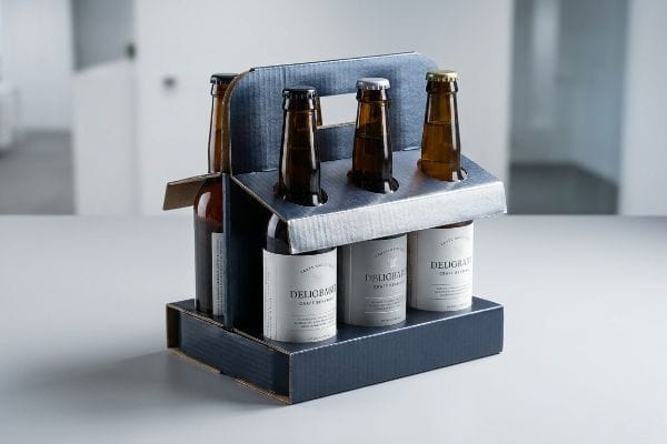 特注の濃紺の段ボール製6本入りパックキャリアに、琥珀色のデリグレイ・クラフト・ビバレッジのボトルが入っている様子をスタジオで撮影した写真。.