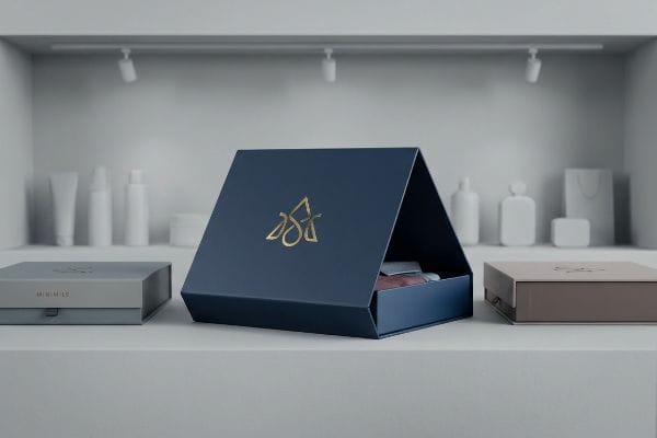 Luxury Retail Packaging Boxes A retail display features an open dark blue rigid box with a gold foil logo, a closed light gray Minimil box, and a brown box.
