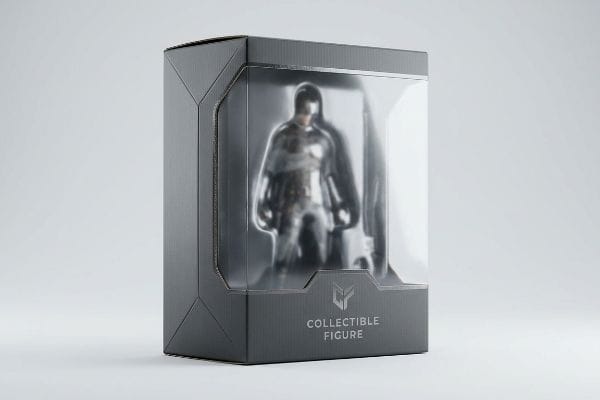 Collectible Figure Packaging Box A sleek dark gray collectible figure box with a clear window showcases a silver action figure, featuring angular design and 'Collectible Figure' text.