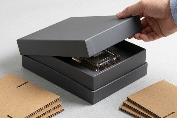 Opening Luxury Perfume Box Dark grey rigid perfume box being opened by a hand, revealing a glass fragrance bottle inside, with corrugated cardboard inserts nearby.