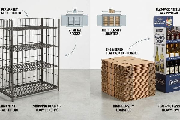 Permanent metal fixture showing shipping dead air contrasted with engineered flat-pack cardboard for high-density logistics and a Brimborium display.