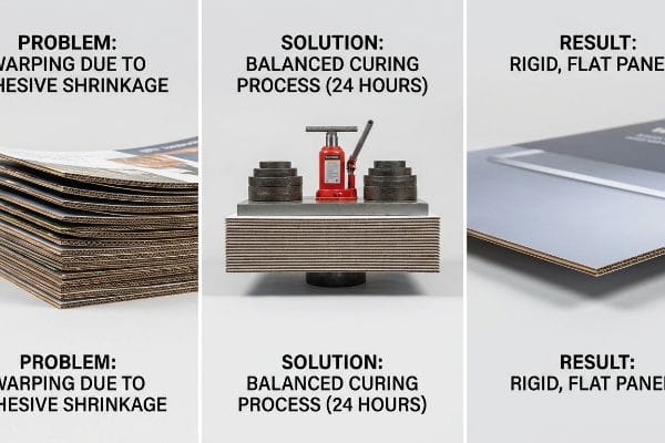 Rigid Panel Solution Warped corrugated panels, a weighted press for Balanced Curing Process (24 Hours), and a final Rigid, Flat Panel.