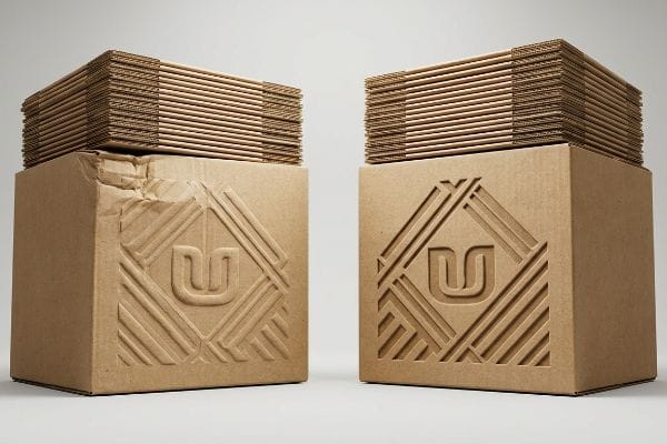Natural kraft corrugated boxes, one damaged and one pristine, showcasing debossed logos and stacked flat sheets, highlighting structural integrity.