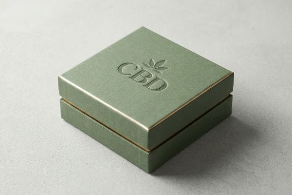 Sage green textured CBD packaging box with a debossed CBD logo, cannabis leaf, and elegant gold trim, conveying luxury wellness.