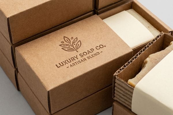 Brown E-flute corrugated soap boxes with debossed 'Luxury Soap Co. - Artisan Blend' logo, revealing a natural soap bar.