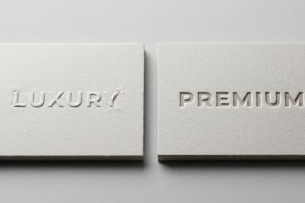 Debossed Luxury Premium Samples Textured white paperboard samples featuring debossed 'Luxury' and 'Premium' text, showcasing tactile surface treatment.