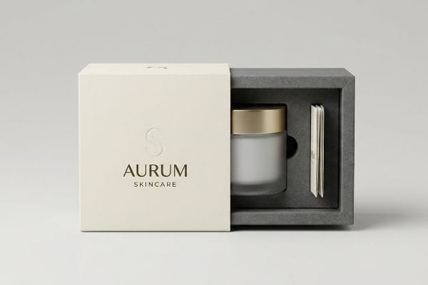 تغليف فاخر لمنتجات العناية بالبشرة من أوروم يكشف غلاف علبة منتجات العناية بالبشرة من Aurum والمحفور عليه شعار العلامة التجارية عن برطمان زجاجي مصنفر بغطاء ذهبي، موضوع داخل غلاف داخلي رمادي صلب.