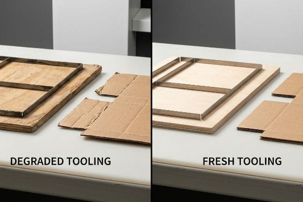 Warped plywood and dark steel rule die, labeled Degraded Tooling, contrasted with a clean wood die and bright steel rule die, labeled Fresh Tooling, showing rough versus precise corrugated cuts.