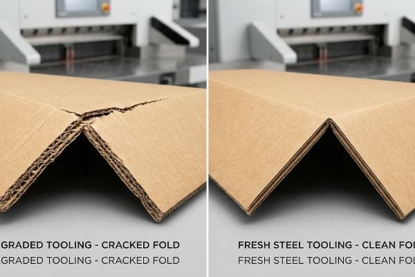 Corrugated cardboard comparison: a cracked fold from Graded Tooling vs. a clean fold from Fresh Steel Tooling, showing tooling quality.