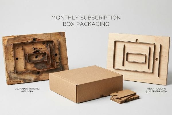 Rusted, degraded wooden tooling contrasted with fresh laser-burned die boards for Monthly Subscription Box Packaging, featuring a corrugated mailer and cut cardboard inserts.